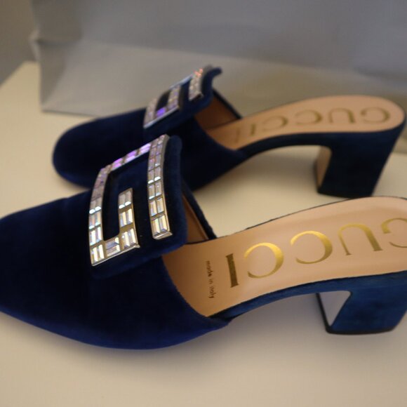Gucci Madelyn Mules Crystal Logo Velvet Cobalt Blue Size 38 8 - Picture 11 of 12